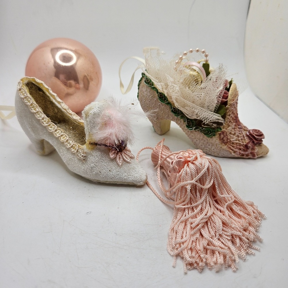 Vintage Victorian Shoe Ornaments Lot of 2 High Heel Slipper Pink White Tassel